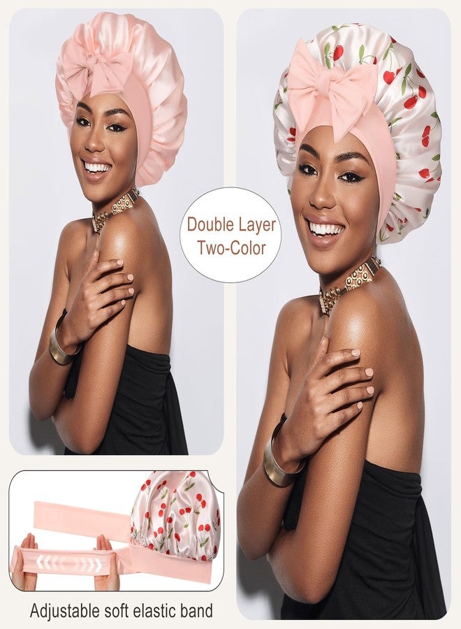 سي اتش ال اي انس اس قبعة نوم من الساتان والحرير، قبعة نوم حريرية، قبعة شعر مزدوجة الطبقات مع رباط مطاطي للشعر المجعد، قبعة ليلية - Image 2